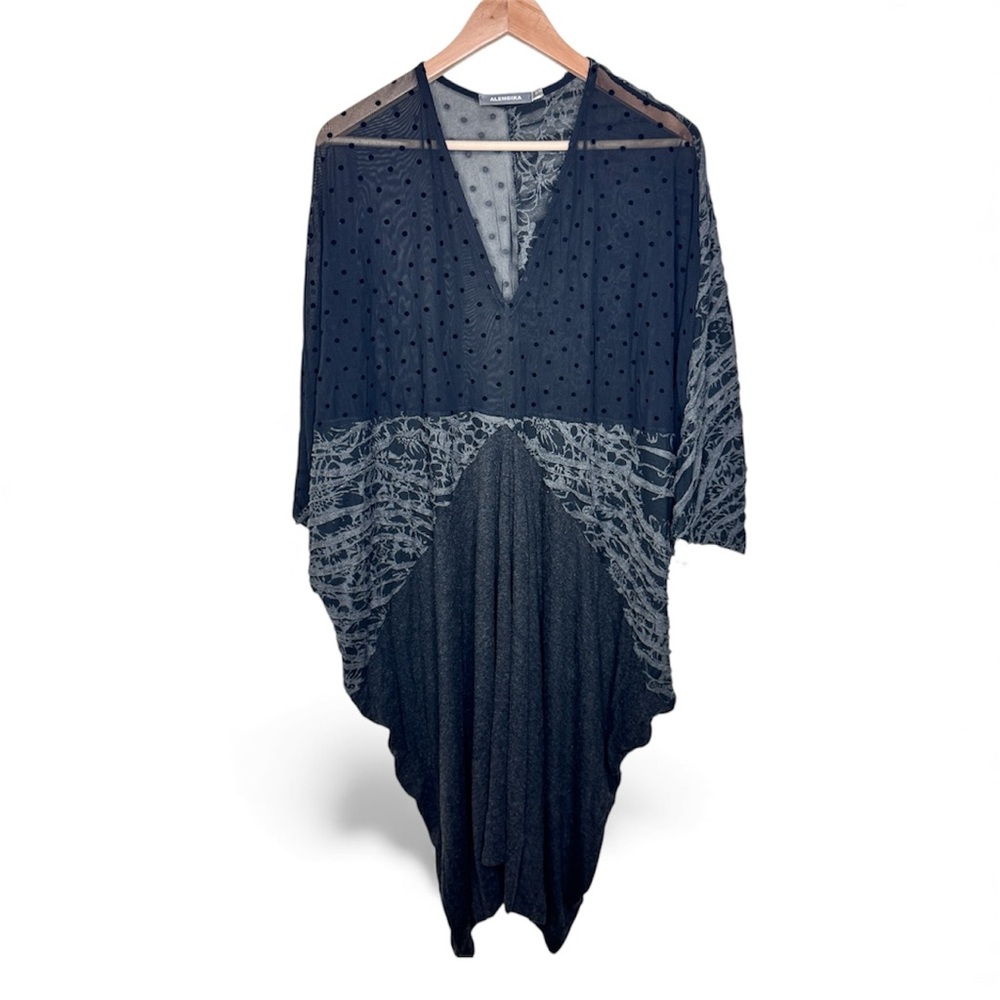 Alembika Women's Oversized Lagenlook Sheer Polkadot Patchwork Gray Tunic Top